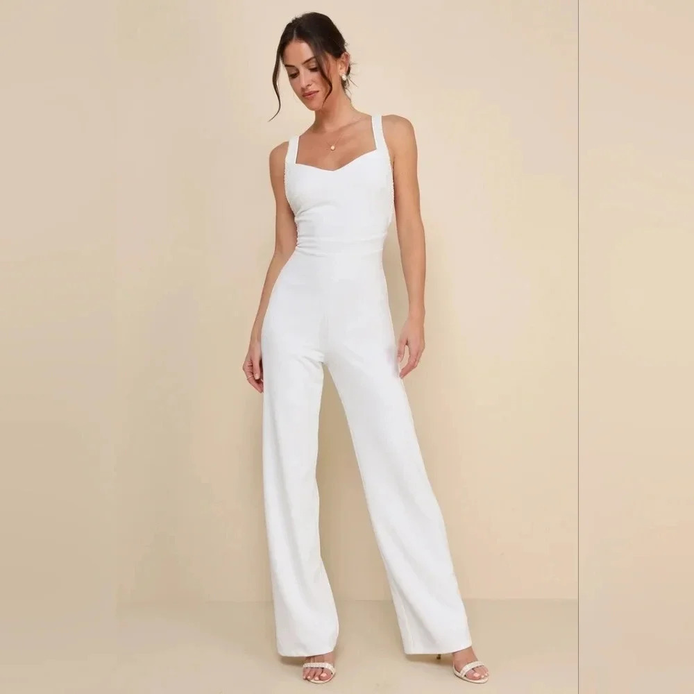 Lulu's Love Aglow White Pearl Beaded Sleeveless Straight Leg Jumpsuit S Wedding - Picture 3 of 12